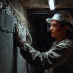 a worker waterproofing a basement