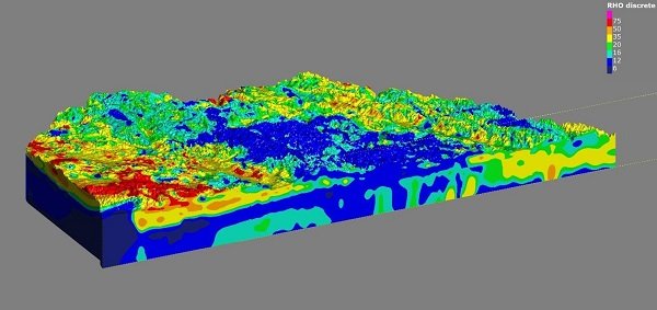 Sensing data processed and inverted in AGS Workbench software can then be combined in Seequent’s Leapfrog Works to create a 3D model that gives a detailed overview of resources. The above image is a hydrogeological map of the subsurface of the Principal Aquifer (and parts of the Ogallala Aquifer) in Nebraska, United States. Airborne Electromagnetic (AEM) remote sensing was used to capture data from the 4,000-square-mile study area. The color-coded volumes represent eight resistivity categories. Higher resistivity values are represented as yellow to red (sand and gravel), lower resistivity values are represented as blue to green (clay and silt), and brown represents bedrock.