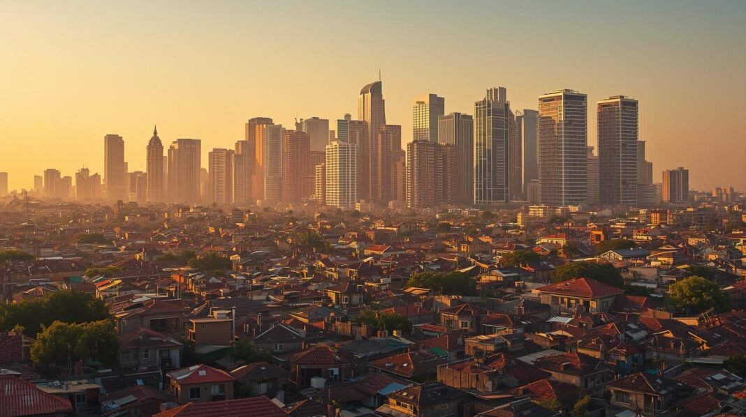 A modern African city skyline with a mix of high-rise buildings and informal settlements in the foreground, showing contrast between urban growth and housing challenges, warm natural lighting, realistic style, high detail, wide angle, professional editorial photography