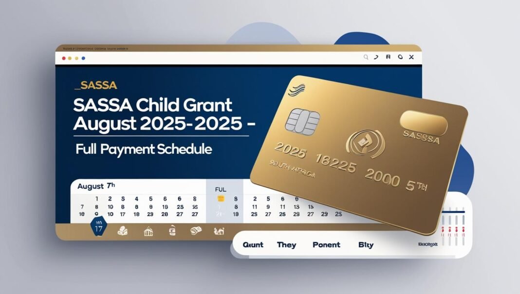 Modern and professional blog banner design for an informative article about SASSA Child Grant Payment Dates for August 2025 in South Africa. Include bold headline text that says 'SASSA Child Grant August 2025 – Full Payment Schedule'. Use a clean, corporate style with a South African theme. Include visuals of a SASSA Gold Card, a calendar marked on 7 August, and money or financial support icons. Color palette blue, gold, and white. High-quality, flat design, minimal clutter, suitable for a news website.