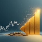 Abstract financial illustration showing a stock chart declining on one side and a glowing gold bar rising on the other, symbolizing stock pullback and record gold prices.”