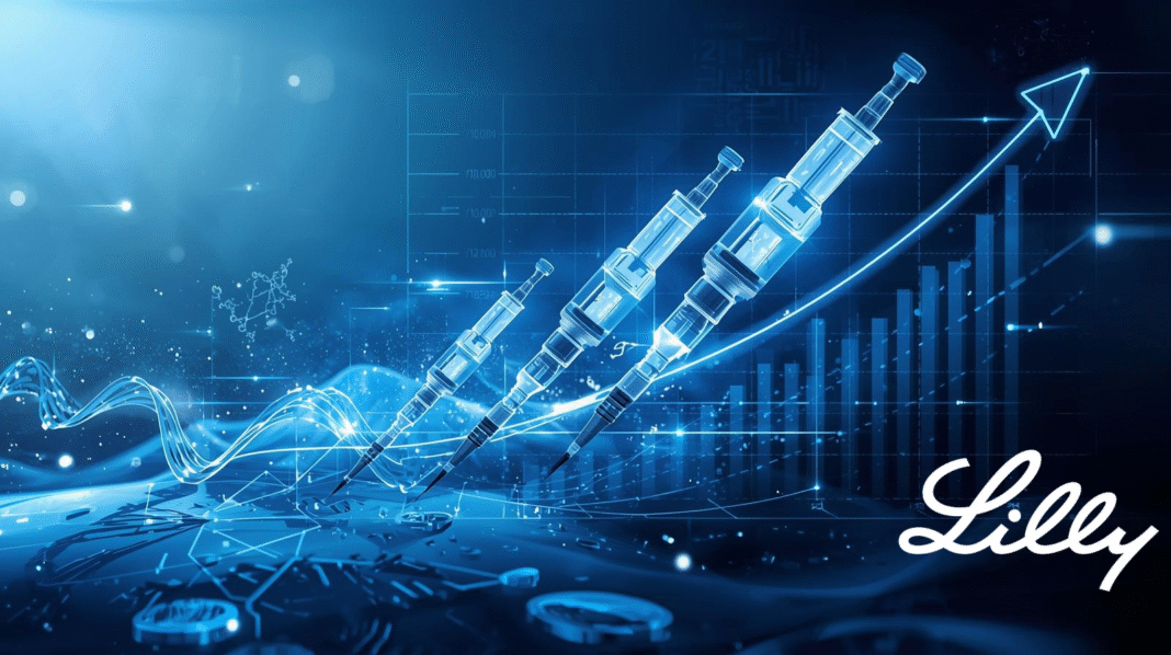 Create a bold, modern hero image illustrating Eli Lilly’s rise to a trillion-dollar valuation. Show a futuristic pharmaceutical landscape with glowing weight-loss drug vials (e.g., GLP-1 style injectors) at the center, symbolizing innovation and massive market impact. Include upward-moving financial charts, a trillion-dollar milestone graphic, and subtle biotech elements like DNA strands or molecular structures. Use a blue-and-white pharma color palette with metallic highlights. Add a clean headline space at the top for “Inside Eli Lilly’s Trillion-Dollar Breakthrough.” The overall tone should be high-tech, powerful, and newsworthy.