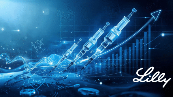 Create a bold, modern hero image illustrating Eli Lilly’s rise to a trillion-dollar valuation. Show a futuristic pharmaceutical landscape with glowing weight-loss drug vials (e.g., GLP-1 style injectors) at the center, symbolizing innovation and massive market impact. Include upward-moving financial charts, a trillion-dollar milestone graphic, and subtle biotech elements like DNA strands or molecular structures. Use a blue-and-white pharma color palette with metallic highlights. Add a clean headline space at the top for “Inside Eli Lilly’s Trillion-Dollar Breakthrough.” The overall tone should be high-tech, powerful, and newsworthy.