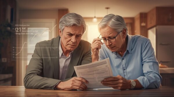 Create a realistic digital illustration of an older couple reviewing their retirement finances at a kitchen table, looking concerned while holding Medicare documents. Include a chart or infographic overlay showing rising Medicare Part B premiums and prescription drug savings. Use a warm, professional color palette, soft lighting, and clear text highlighting ‘2026 Medicare Hike’ and ‘Drug Cost Cap.’ The image should convey financial concern mixed with cautious relief