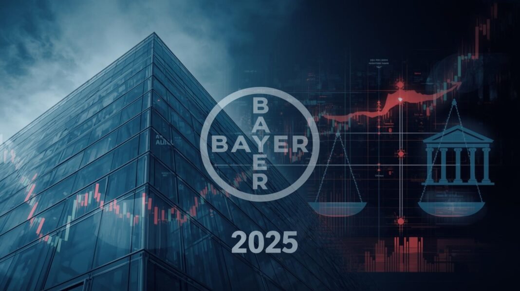 “Professional news-style hero image featuring a sleek modern glass corporate building with a subtle Bayer-style logo element (generic, not branded). Include rising stock market graph lines, glowing financial indicators, and a sense of forward momentum for 2025. Add a contrasting legal theme overlay such as balanced justice scales or a courthouse silhouette to hint at ongoing litigation. Use a high-contrast, business-focused color palette with clean, sharp lighting. No people.