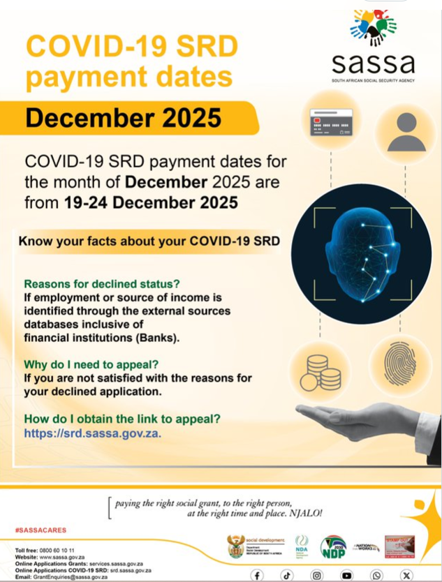 COVID-19 SRD payment dates for December 2025 will be from 19-24 December 2025