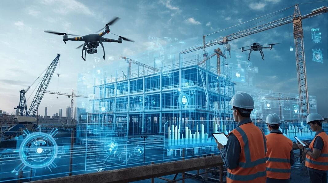 A high-tech construction site scene showing a modern building project monitored with advanced digital tools. Include drones flying overhead capturing site data, engineers wearing smart helmets and using tablets, and a semi-transparent digital twin (3D BIM model) overlaid on the real structure. Visual elements of AI analytics dashboards, IoT sensors on machinery, and progress timelines floating as holographic interfaces. Style clean, futuristic, professional, realistic lighting, wide-angle view, emphasis on innovation, efficiency, and data-driven construction monitoring. Color palette steel blue, white, and orange safety accents. Suitable for a technology-focused construction industry magazine cover.