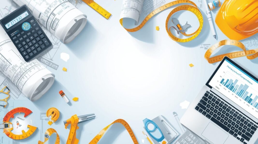 Create a professional, modern digital illustration for a construction blog article. Show a construction site background with tools like calculators, blueprints, measuring tapes, and a laptop. Use bright, clean colors and a style suitable for a tech-savvy construction audience