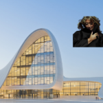 The shell-like Heydar Aliyev Center in Baku, Azerbaijan, a landmark designed by Zaha Hadid, rises in fluid contrast to the rigid Soviet-era architecture around it, while an inset portrait shows the visionary architect herself, whose bold, future-shaping ideas continue to define Zaha Hadid Architects.
