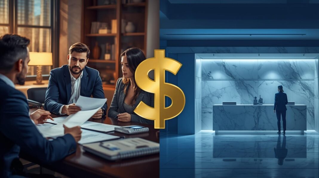 A split-screen editorial illustration for a financial news publication. Left side a professional mortgage broker in a sharp navy suit sitting across a desk from a young American couple, reviewing multiple loan documents spread out — warm, collaborative lighting, confident mood. Right side a sleek modern bank interior, clean marble counters, a single teller window, cold blue-white lighting, one couple standing alone filling out a form. Center dividing line is a bold golden dollar sign. Color palette deep navy blue, crisp white, gold accents. Photorealistic, cinematic depth of field, high resolution. No text in the image. 🖼️ Design Specs SettingValueFormatBlog Cover Featured Image — 1640 x 924pxStyleEditorial Illustration Corporate RealismMoodInformative, professional, comparativePaletteNavy blue · White · GoldLeft label (add manually)MORTGAGE BROKER in bold navy ArialRight label (add manually)DIRECT LENDER in bold navy ArialCenter badge (add manually)VS. in oversized gold bold fontHeadline (add manually)Which One Saves You More in 2026 in white on dark bar at bottomLogo placementCCE NEWS top-left in navy, size 24pt