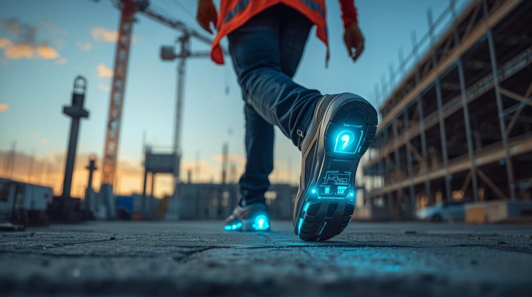 “Futuristic construction worker standing confidently on a modern construction site, wearing high-tech smart safety shoes with glowing sensors, showing digital data overlays with heart rate and fall detection indicators, cranes and scaffolding in the background, reflective vest and hard hat, late afternoon lighting with dynamic shadows, realistic style, vertical composition, cinematic and innovative mood, visually tells a story of technology enhancing safety, no text”