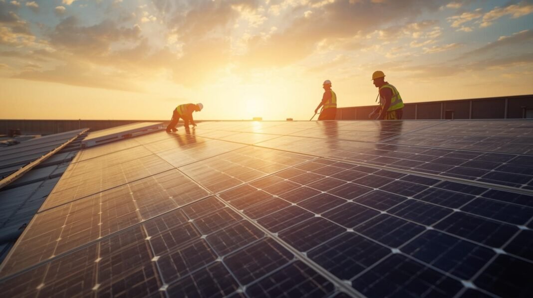 A wide-format photorealistic hero image showing a large solar panel array being installed on a modern commercial building rooftop by construction workers in hard hats and high-visibility vests. In the background, a bright African sky with warm golden sunlight. The foreground features close-up detail of solar panel cells with a visible grid pattern. Cinematic lighting, professional architectural photography style. Colour palette deep navy blue, warm gold, and clean white. No text overlays. Canva tips for best results Use Text to Image under the Apps panel Set style to Photo or Cinematic Aspect ratio 169 (ideal for article hero) If the first result is too generic, add high detail, construction site, sub-Saharan Africa setting Generate 4 variations and pick the one with the strongest rooftopworker composition