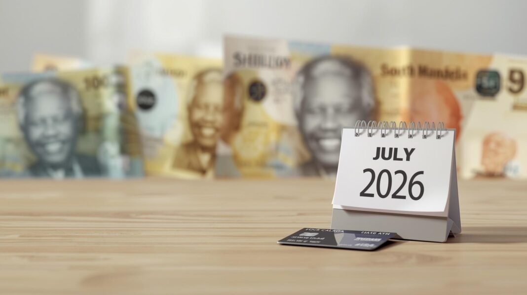 Photorealistic hero banner showing South African social grant context, close-up composition of South African rand banknotes (R100, R200, R50 notes) and Kenyan shilling notes subtly layered in the background to represent regional financial context, a calendar page marked “July 2026”, and a modern bank card placed on a clean wooden or stone surface, soft natural lighting, shallow depth of field, high detail, professional editorial news photography style, neutral background, no logos, no text overload, realistic colors, financial stability and social support theme, wide cinematic 169 composition.