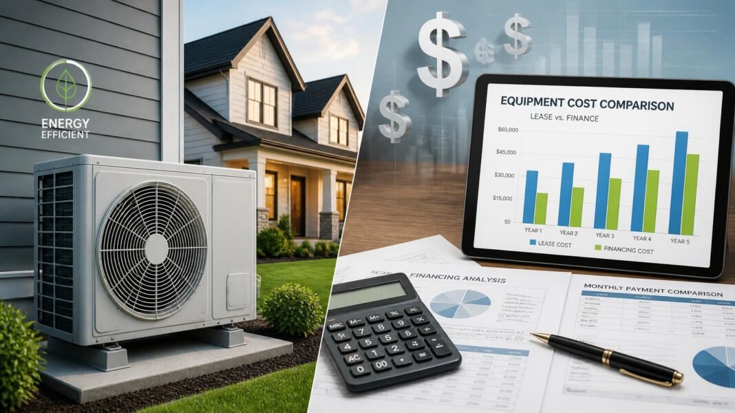 A close-up view of a high-efficiency residential heat pump condenser unit installed outside a modern suburban home, symbolizing residential energy upgrades.