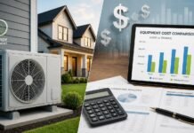 Lease-to-Own HVAC vs Financing in the USA: Which Option Saves Homeowners More? A close-up view of a high-efficiency residential heat pump condenser unit installed outside a modern suburban home, symbolizing residential energy upgrades.