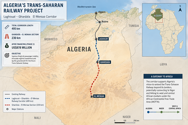 Create a clean, minimalist infographic map of Algeria highlighting the Trans-Saharan Railway project. Show the 495-kilometre Laghouat–Ghardaïa–El Meniaa railway corridor with a bold red line running south from Laghouat through Ghardaïa to El Meniaa. Clearly label the three cities. Use a light beige desert map with subtle terrain shading and a white background. Include a small locator map of Africa in the top-right corner highlighting Algeria. Add a simple legend showing: Existing Railway (grey), New 495 km Corridor (red), Phase 2: Ghardaïa–El Meniaa (230 km, highlighted in dark red). Include three clean callout boxes: "Total Corridor: 495 km", "Phase 2: 230 km", "AfDB Financing: US$878 Million". Add a small dashed arrow extending south toward Niger labelled "Future Trans-Saharan Railway". Use modern sans-serif fonts, thin lines, flat design, professional engineering magazine style, light colours, uncluttered layout, high-resolution vector infographic, no shadows, no 3D effects, no people, no vehicles, no logos.
