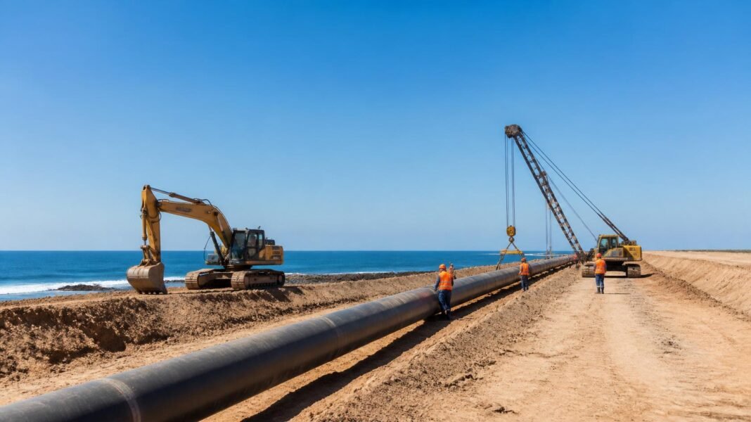 Photorealistic wide-angle image of a large natural gas pipeline under construction along Africa's Atlantic coastline. A single large steel pipeline runs through an open construction corridor with one excavator, one sideboom pipelayer lifting pipe sections, several construction workers wearing orange safety gear, and the Atlantic Ocean visible in the background. Bright daylight, clear blue sky, realistic but clean composition, minimal machinery, no city, no crowds, no excessive details, editorial news photography, professional engineering magazine style, plenty of empty sky for headline placement, 169 landscape, sharp focus, realistic lighting, no text, no logos, no watermark. Style keywords minimal, clean, editorial, infrastructure, engineering, photorealistic.